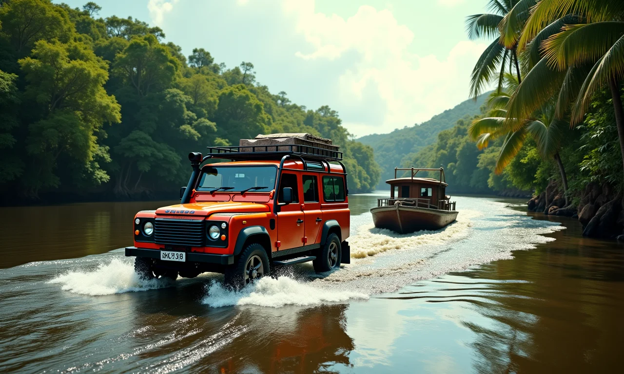 Jeep 4x4 atravessando rio em balsa, vegetação exuberante.