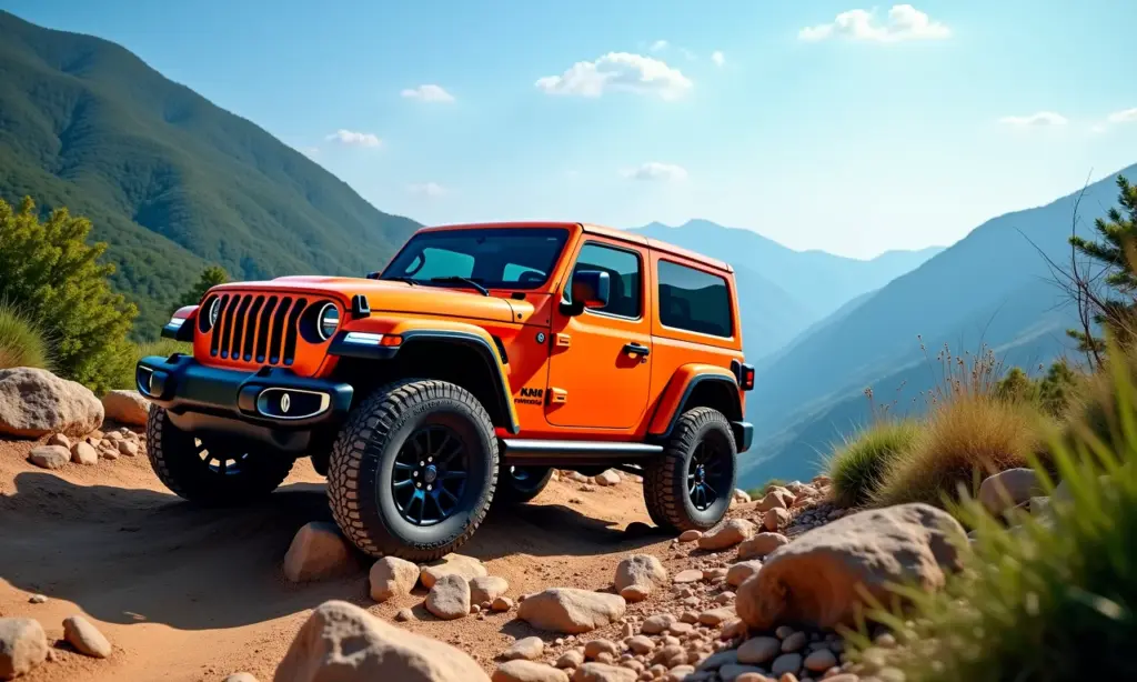 Jeep 4x4 laranja subindo trilha rochosa na Serra da Moeda.