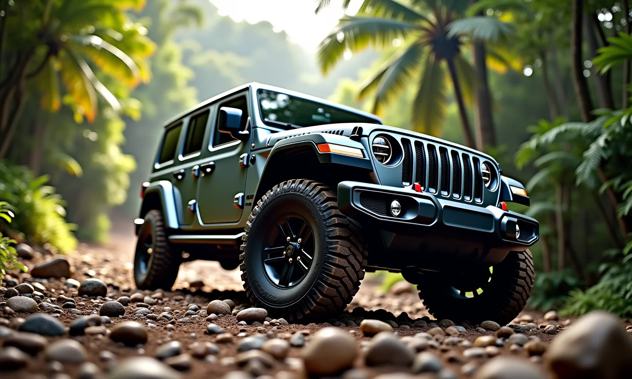 Jeep 4x4 subindo trilha rochosa em Ubatuba, com mata atlântica ao fundo.