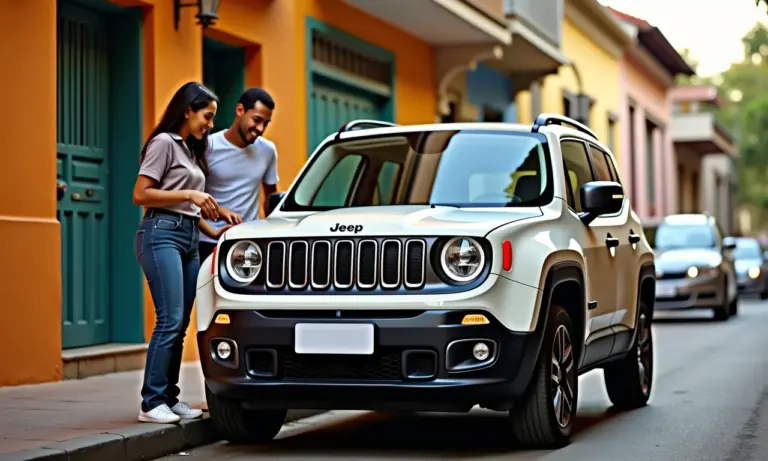 Jeep Renegade usado sendo inspecionado por casal em rua brasileira.