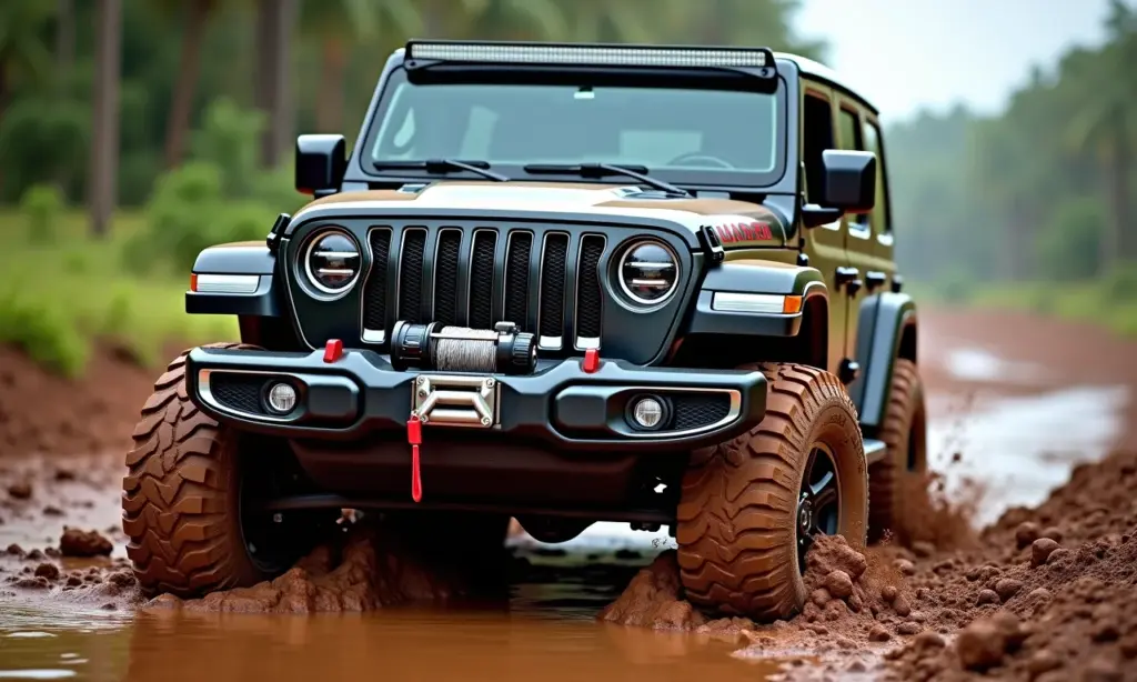 Jeep sendo puxado por um guincho em terreno lamacento.
