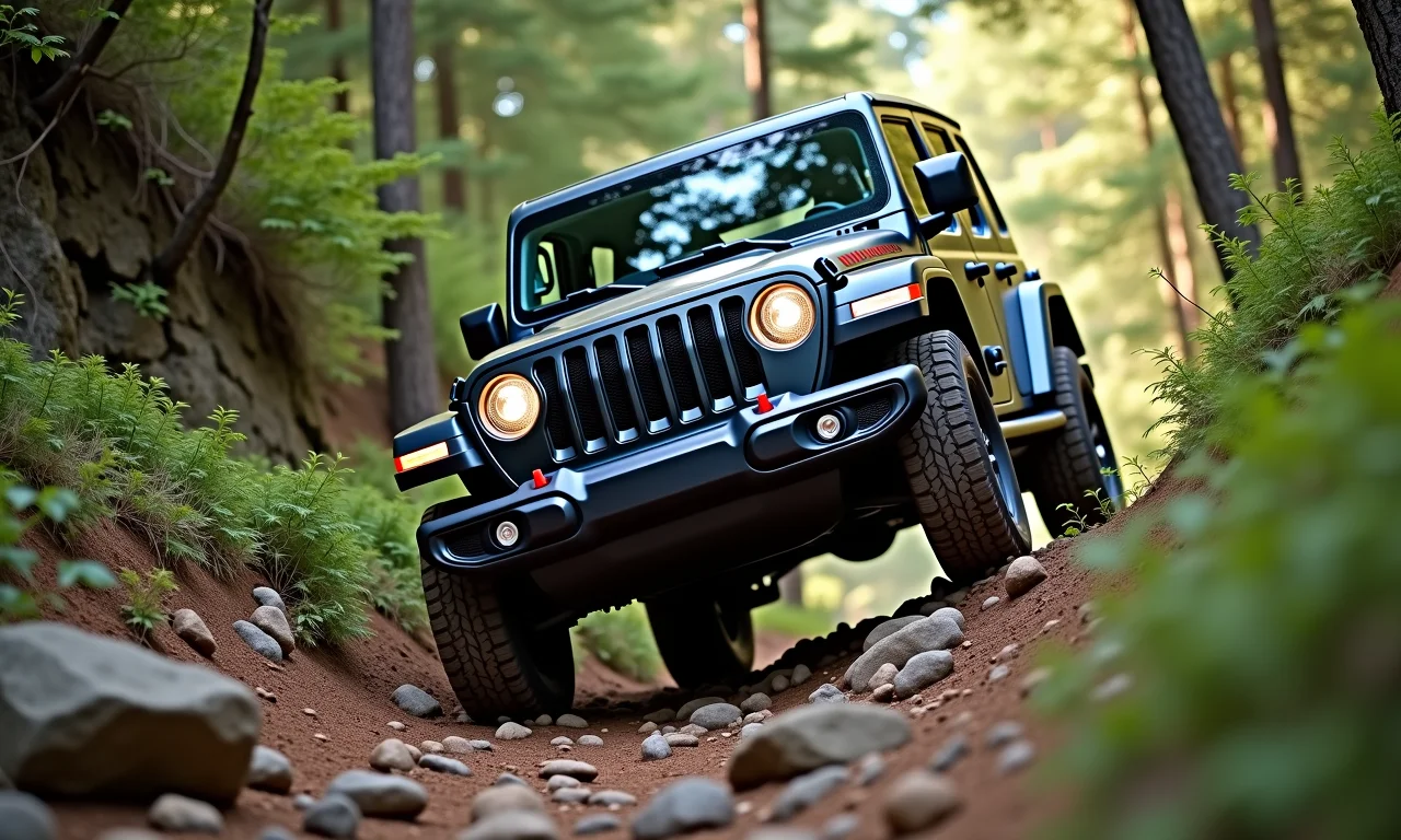 Jeep Wrangler escalando trilha rochosa em Almirante Tamandaré, demonstrando o relevo acidentado.