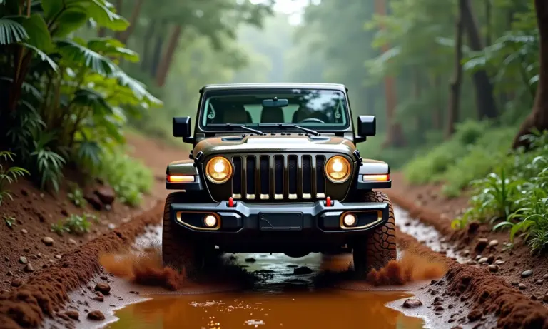 Jeep Wrangler trilhando na Amazônia com GPS.
