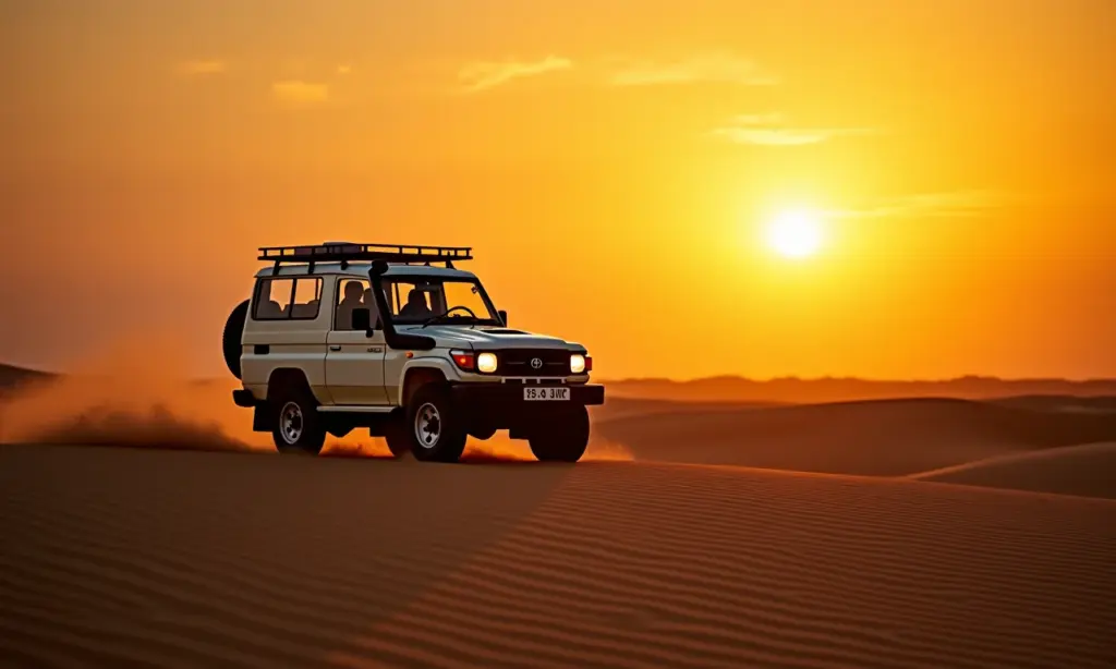 Jipe 4x4 atravessando as dunas dos Lençóis Maranhenses ao pôr do sol.