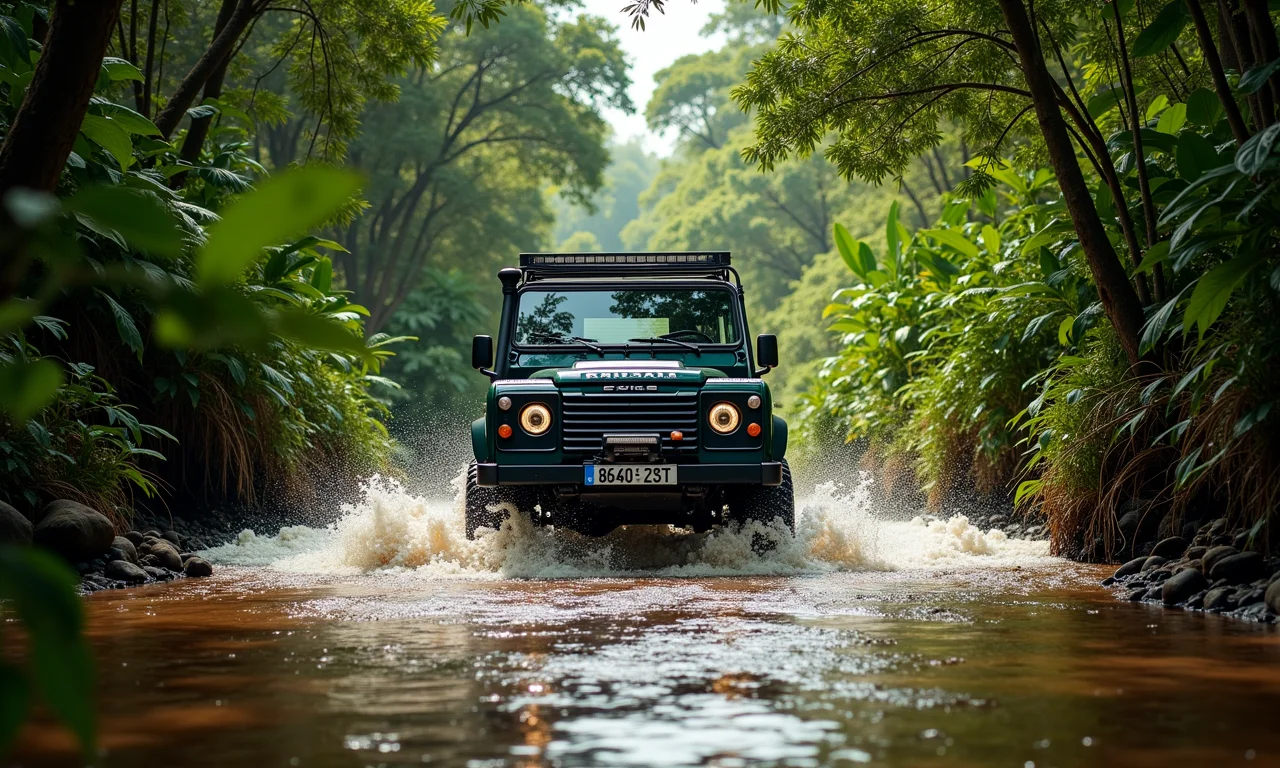 Jipe 4x4 atravessando trecho alagado na Trilha da Biquinha, em Itu.