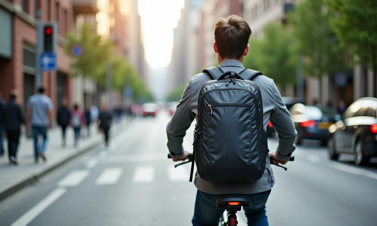 Jovem profissional andando de bicicleta com mochila cargueira de 45 litros na cidade.