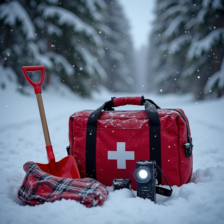 Kit de emergência para direção na neve com itens de segurança.