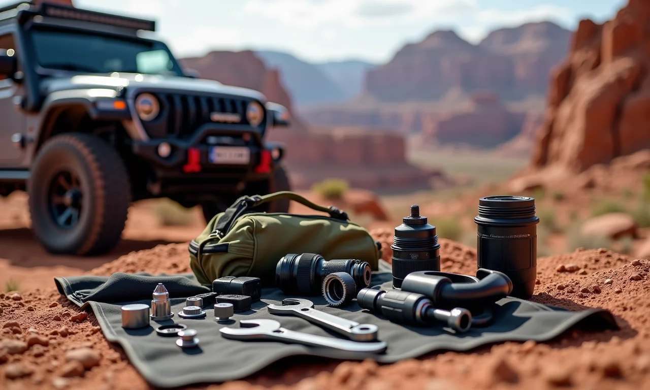 Kit de ferramentas e peças de reposição organizado ao lado de 4x4.