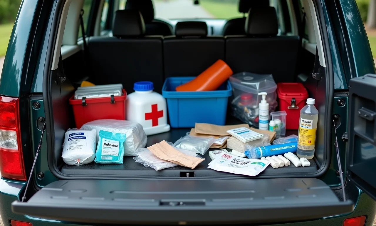 Kit de primeiros socorros reforçado dentro de um veículo 4x4.