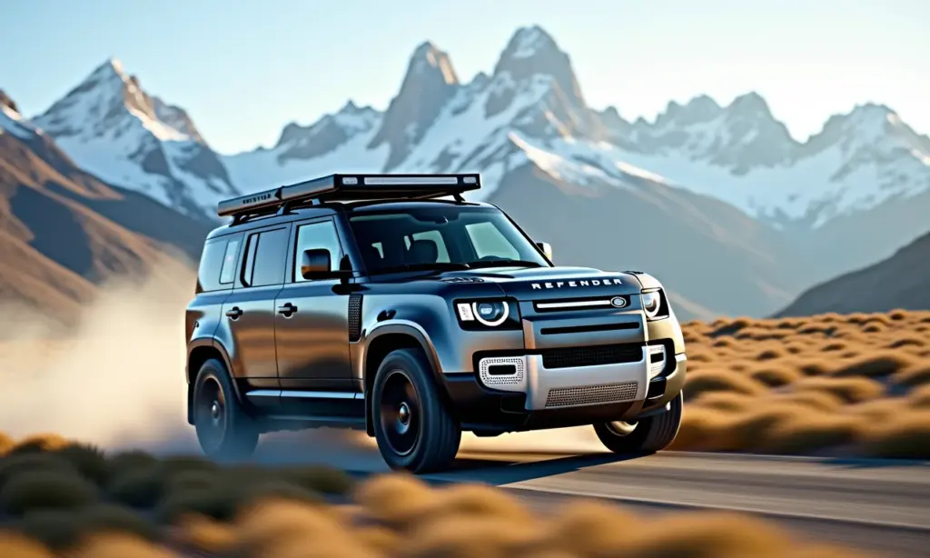 Land Rover Defender atravessando a Patagônia com montanhas nevadas ao fundo.