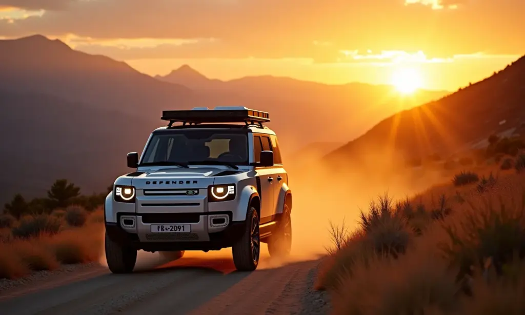 Land Rover Defender dirigindo em estrada de terra nos Andes ao pôr do sol.