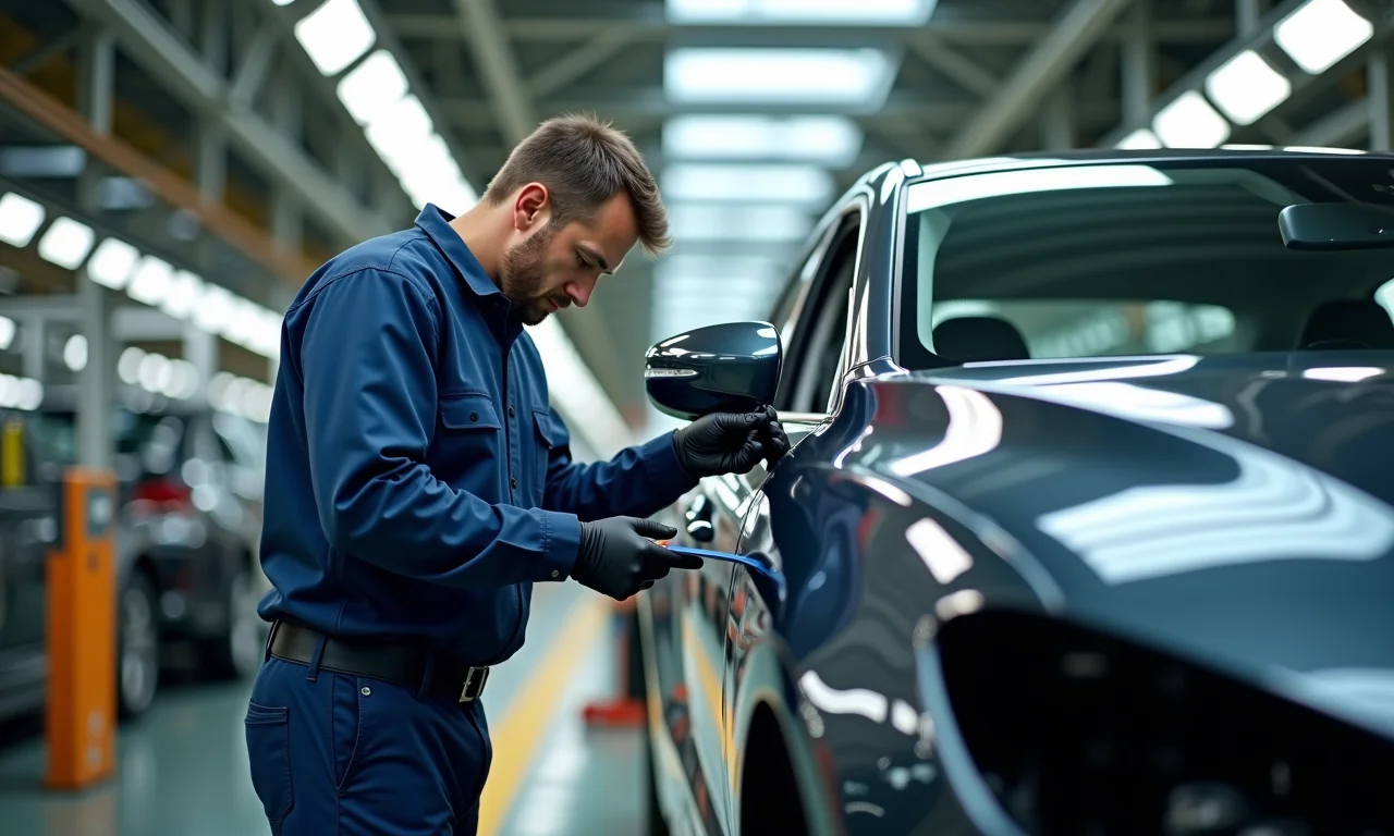 Linha de montagem de carros, foco em defeitos de fabricação.