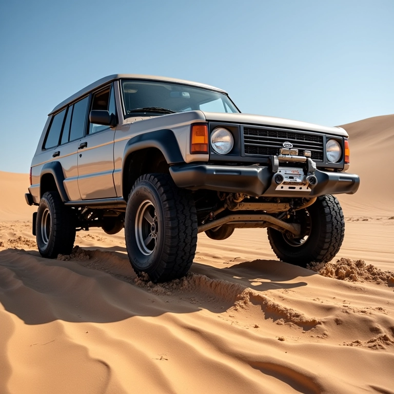 Macaco inflável elevando 4x4 em terreno arenoso.