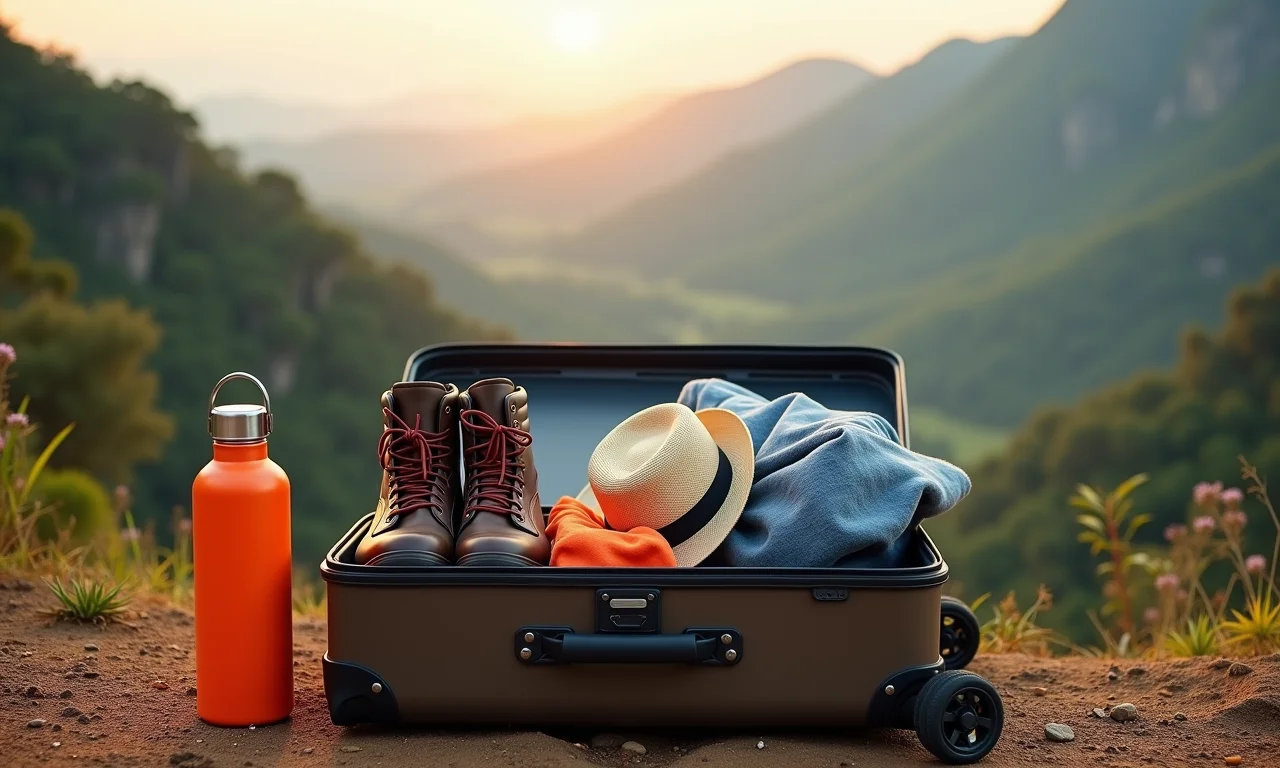 Mala aberta com roupas e acessórios para trilha na Chapada dos Veadeiros.