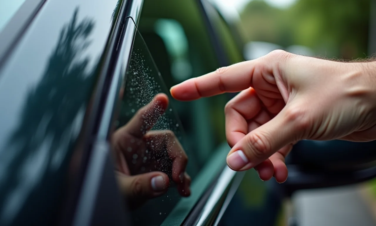 Mão inspecionando os vidros de um carro blindado em busca de imperfeições.