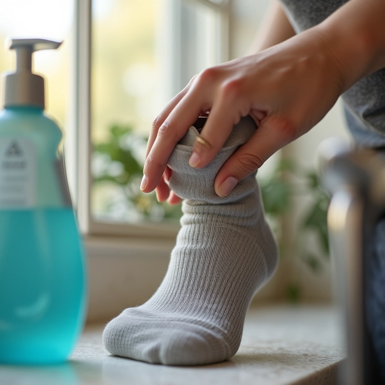 Mão lavando delicadamente meias de trekking com detergente.