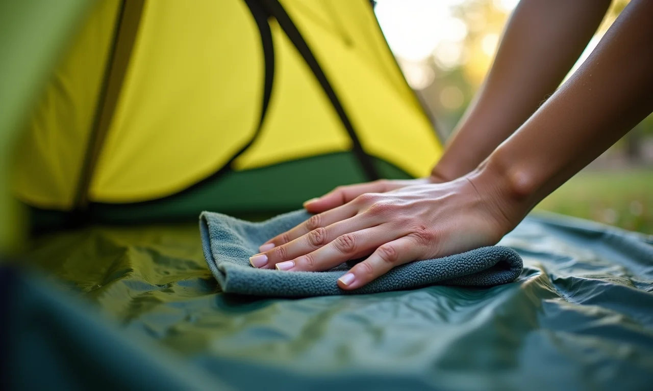Mão limpando o interior de uma barraca de camping com um pano úmido.