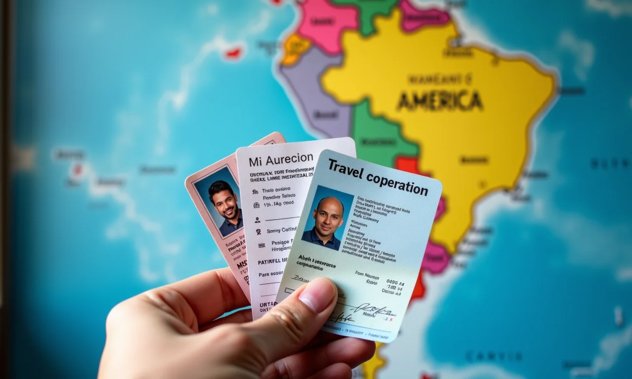 Mão segurando documentos essenciais para viajar de carro no Mercosul, com mapa da América do Sul ao fundo.