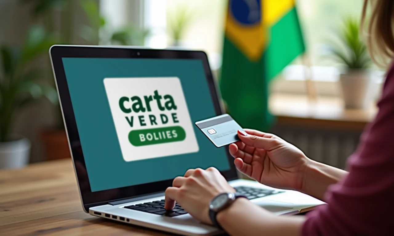 Mãos comprando a Carta Verde online, seguro obrigatório para viajar de carro no Mercosul.