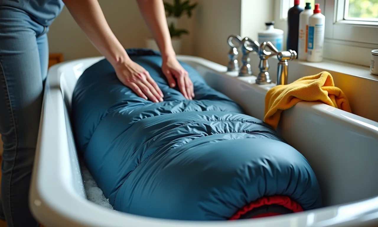 Mãos lavando saco de dormir de casal em banheira.