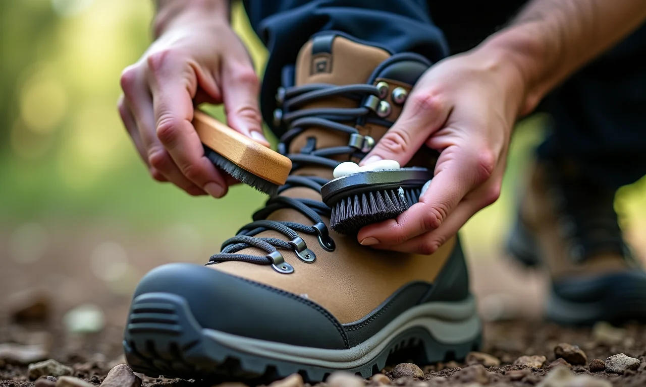 Mãos limpando uma bota de trilha Bull Terrier.