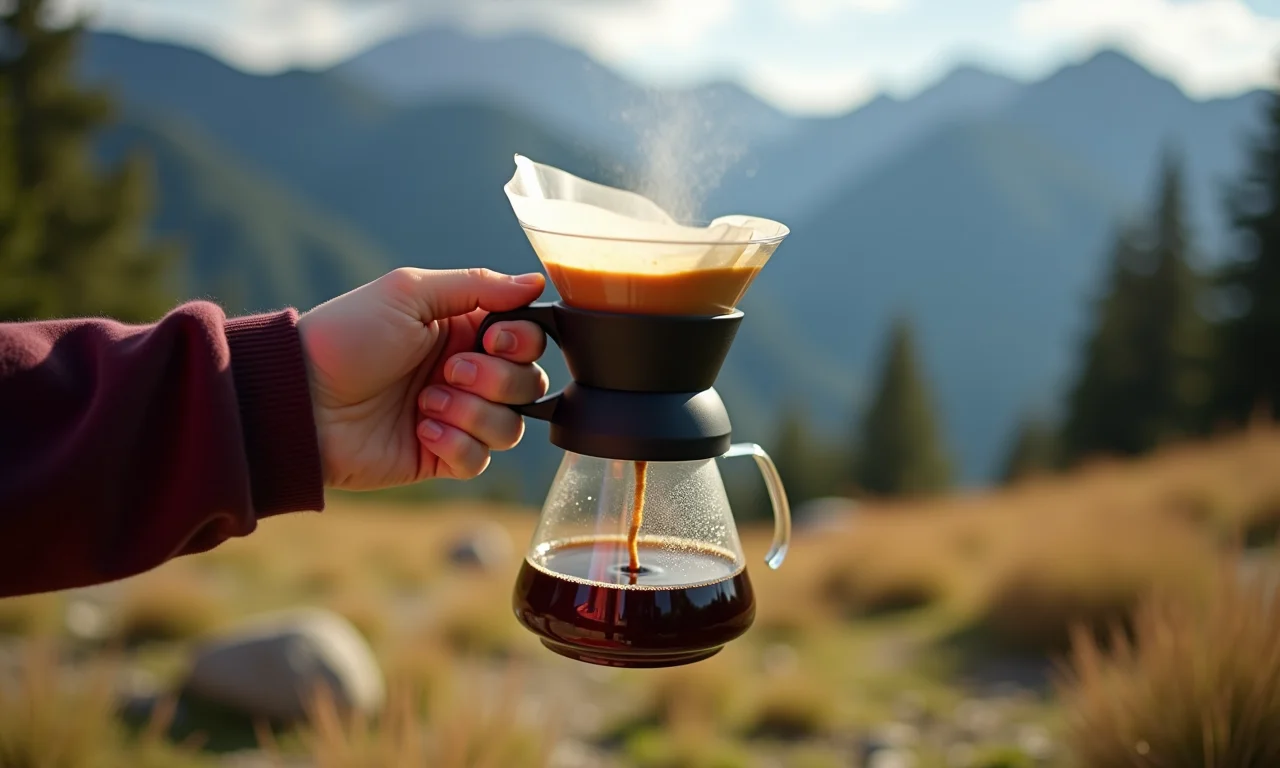 Mãos preparando café em cafeteira portátil ao ar livre.