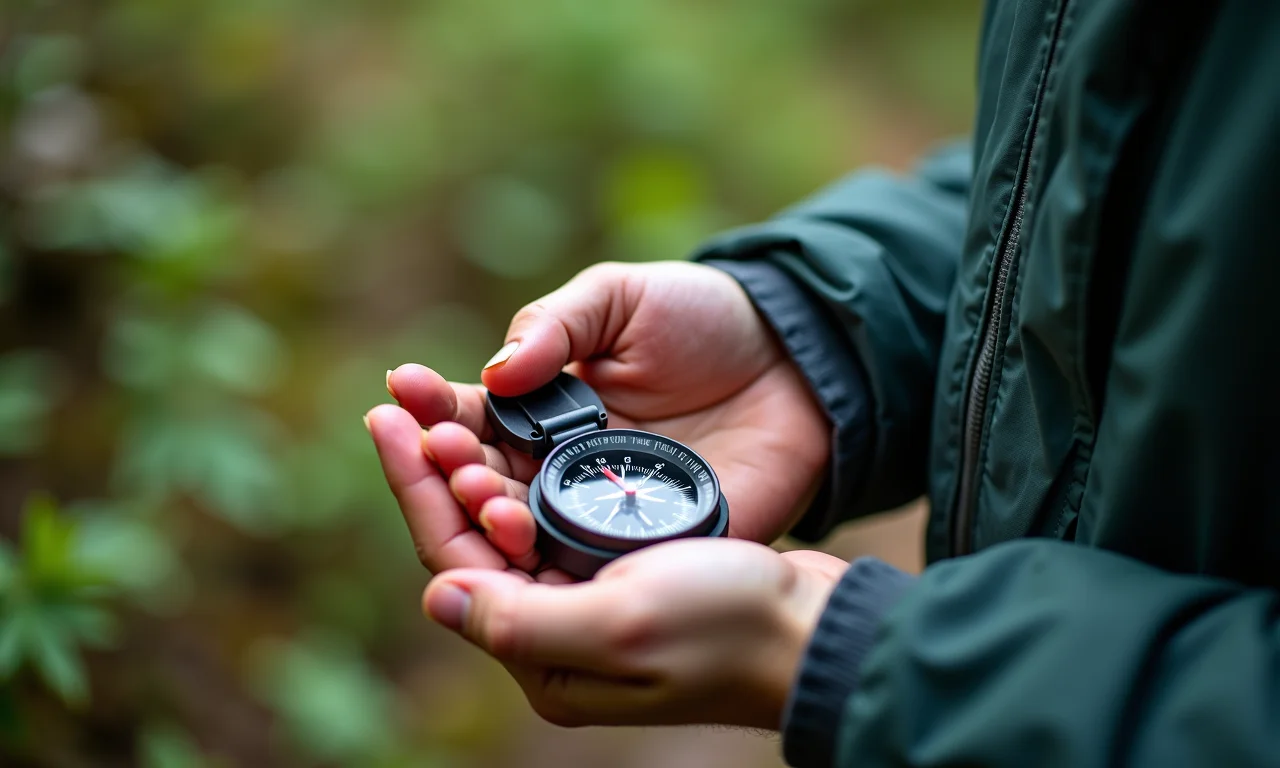 Mãos segurando uma bússola corretamente durante o trekking.