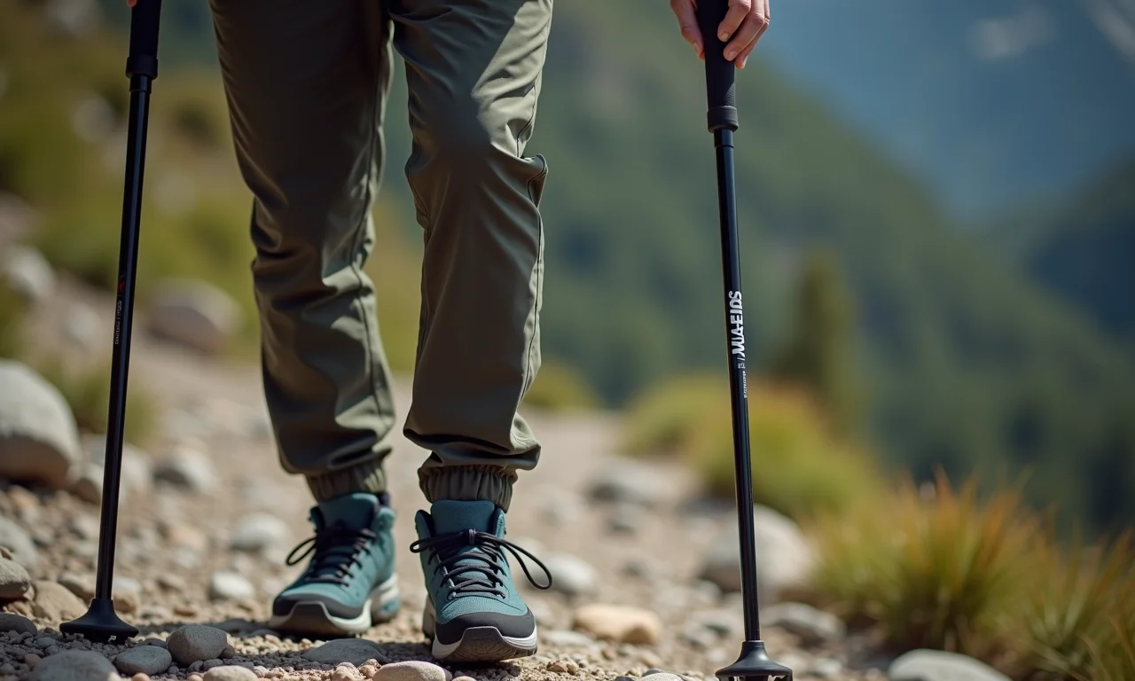 Mãos usando bastões com absorção de impacto em terreno rochoso.