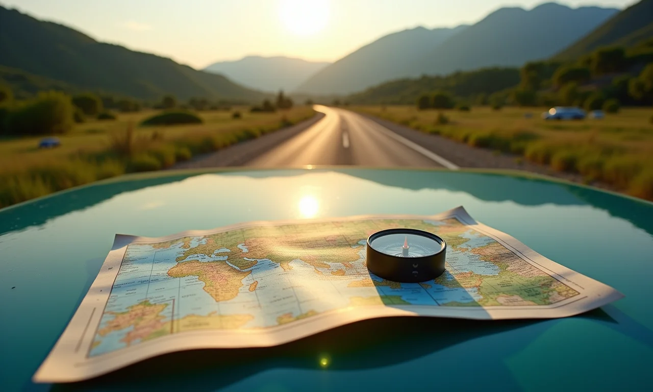 Mapa de rota detalhada sobre o capô de um 4x4 em paisagem brasileira.