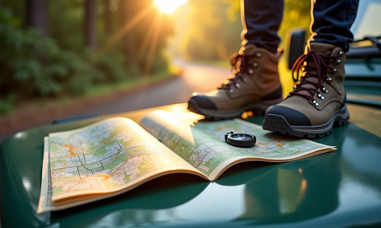 Mapa de trilhas em Aparados da Serra sobre o capô de um 4x4. Planejamento da rota e aventura.