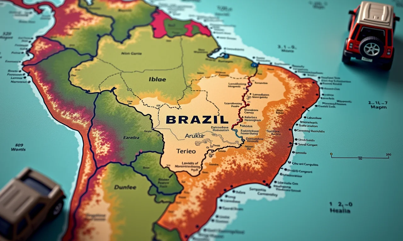 Mapa do Brasil com rota planejada para comboio 4x4 e zonas de perigo marcadas.