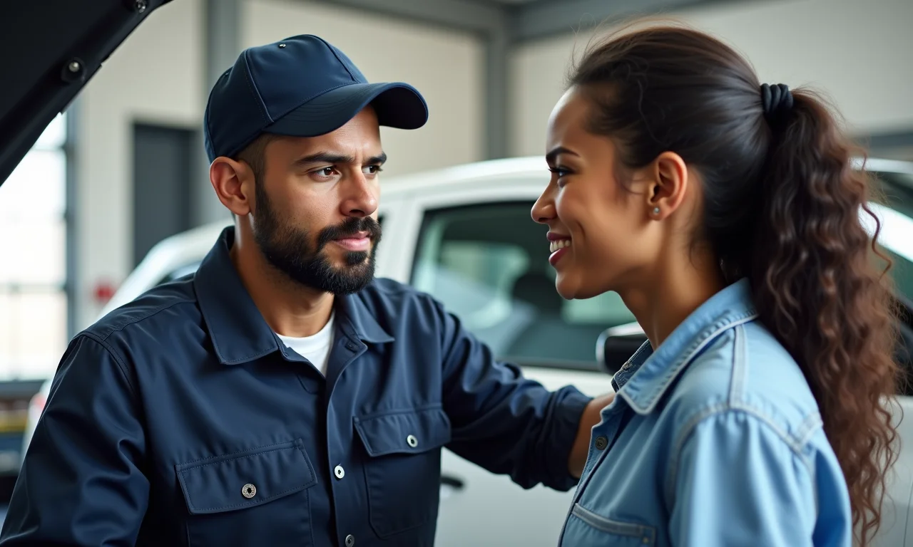 Mecânico atencioso ouvindo as preocupações da cliente sobre o carro.