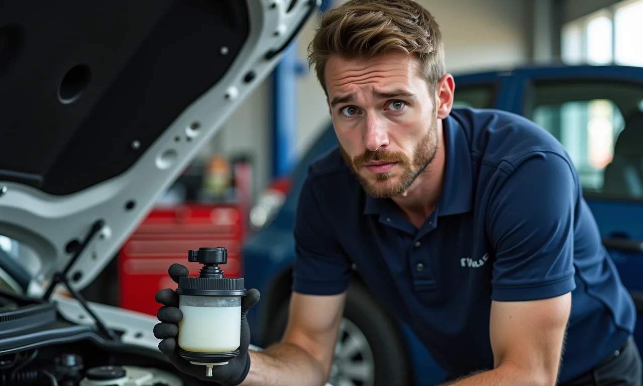Mecânico examinando um tanquinho de partida a frio vazio.
