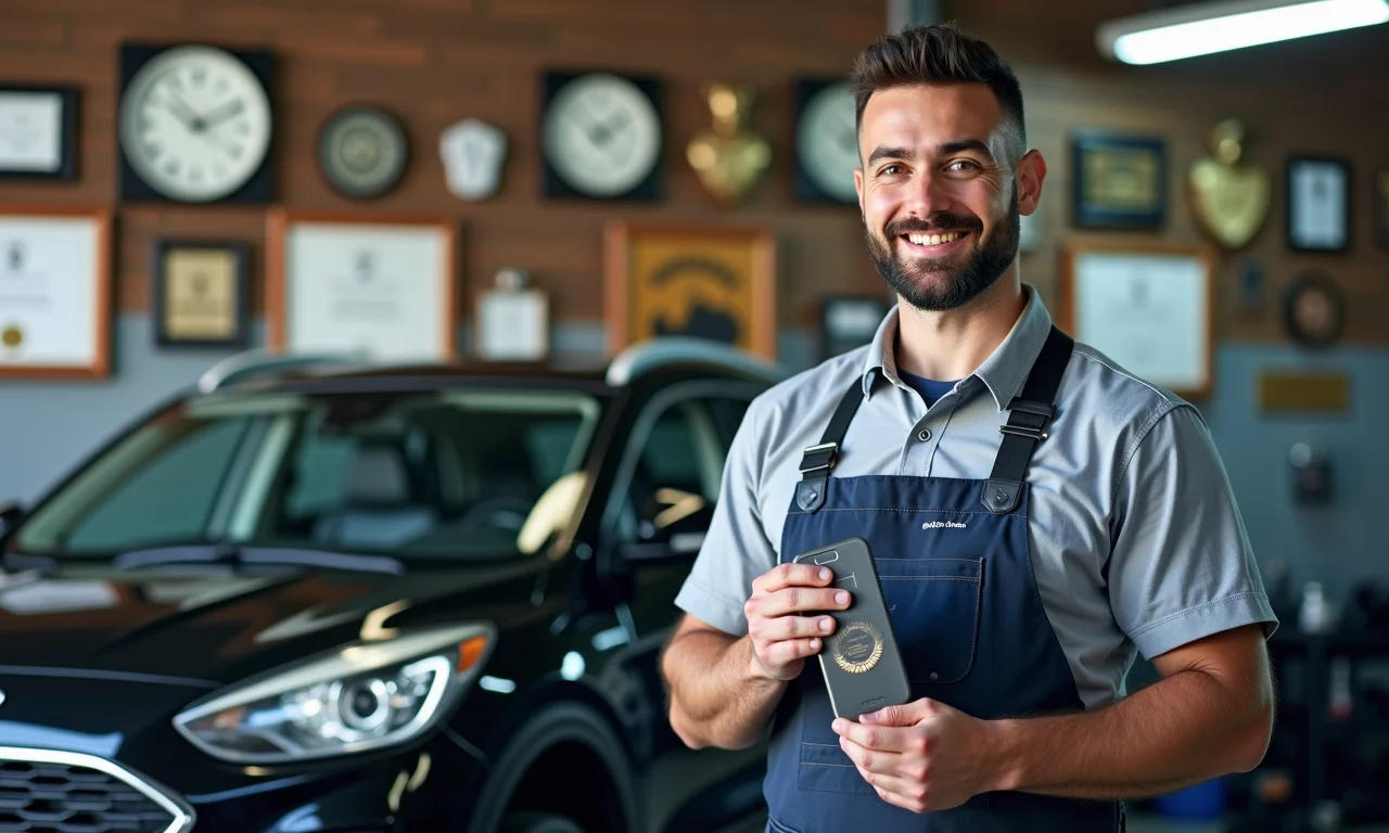 Mecânico exibindo certificações e prêmios na parede da oficina.
