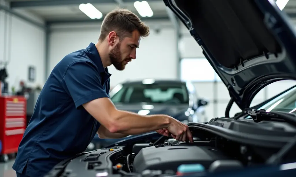 Mecânico experiente inspecionando motor de carro em oficina bem iluminada.