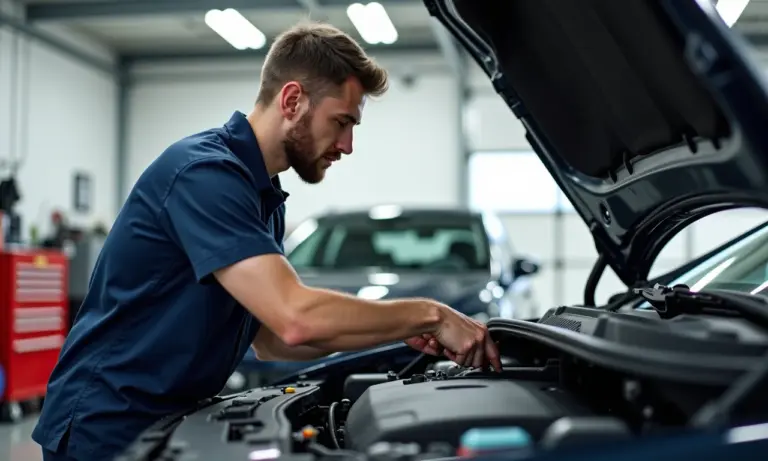 Mecânico experiente inspecionando motor de carro em oficina bem iluminada.