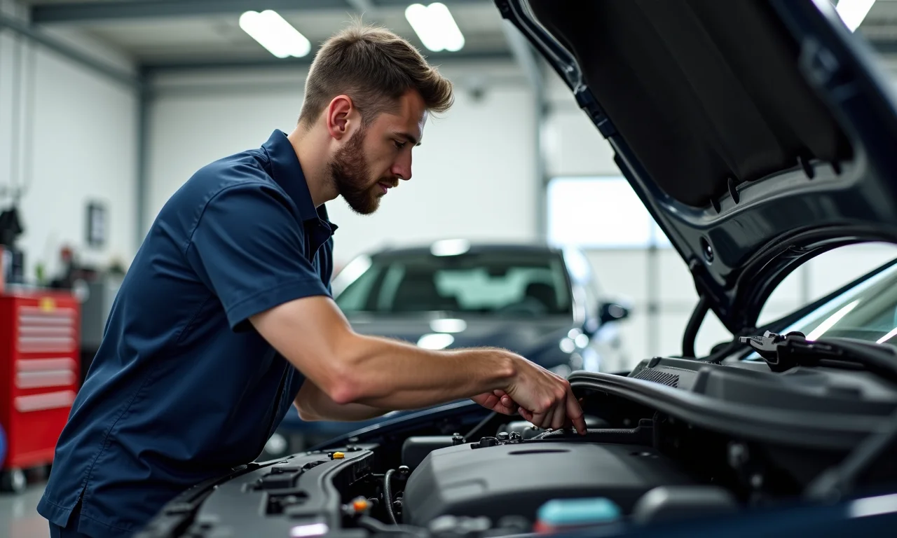 Mecânico experiente inspecionando motor de carro em oficina bem iluminada.