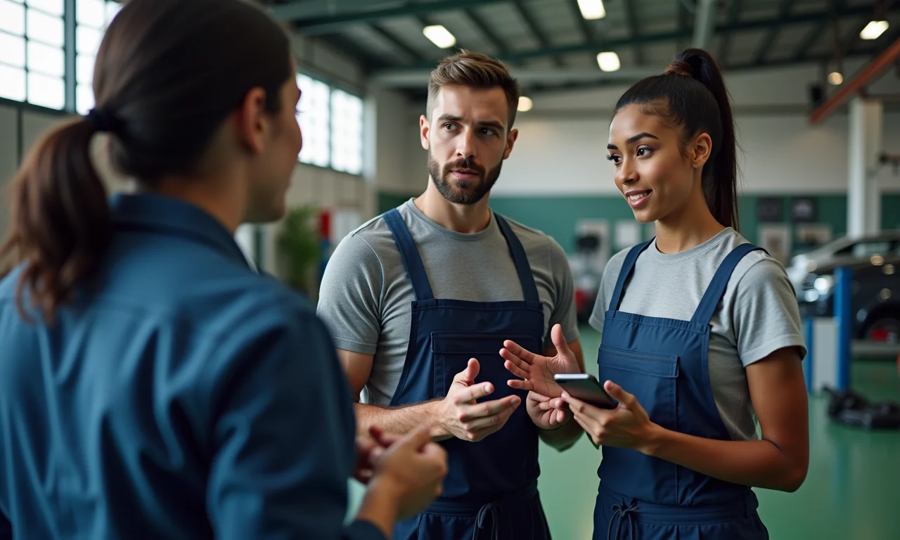 Mecânico explicando problema do carro ao cliente de forma honesta e clara.