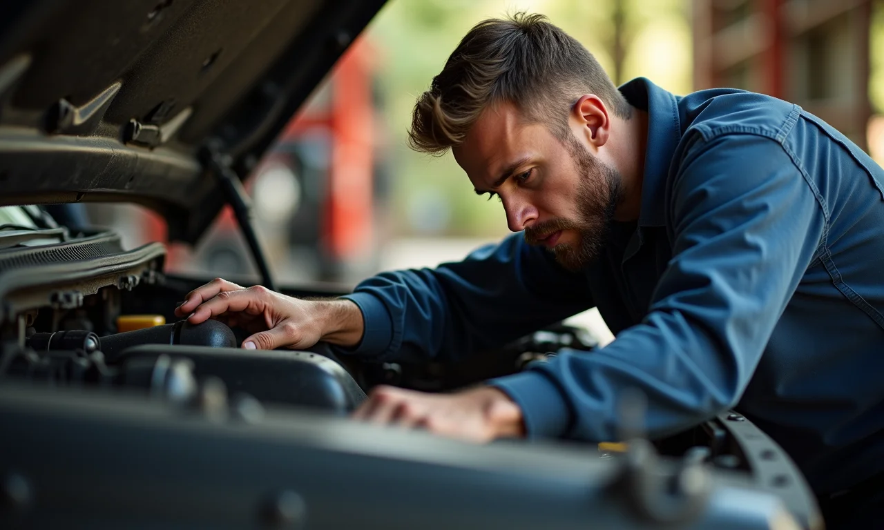Mecânico inspeciona motor de veículo 4x4 antes de viagem.