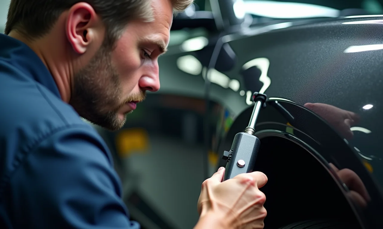 Mecânico inspecionando a blindagem de um carro com ferramentas especializadas.