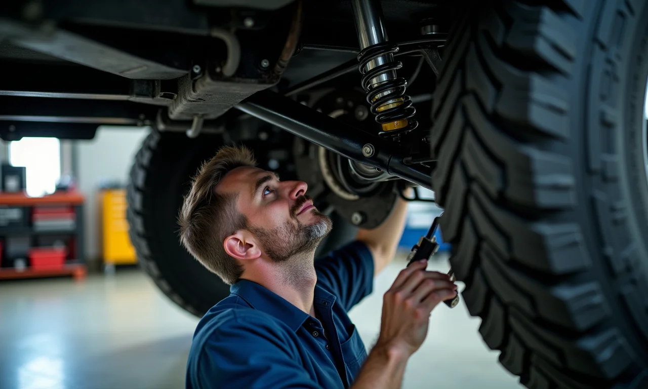 Mecânico inspecionando a parte inferior de um veículo 4x4 em uma garagem, com foco na suspensão e nos pneus off-road.