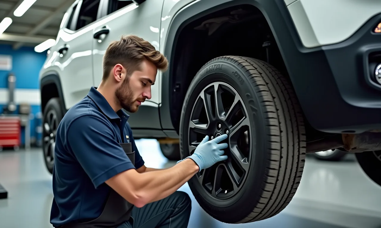 Mecânico inspecionando a suspensão e os freios de um Jeep Renegade usado.