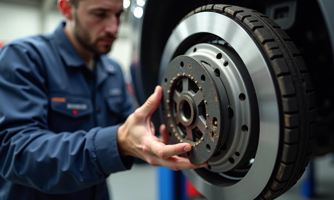 Mecânico inspecionando disco de embreagem desgastado.