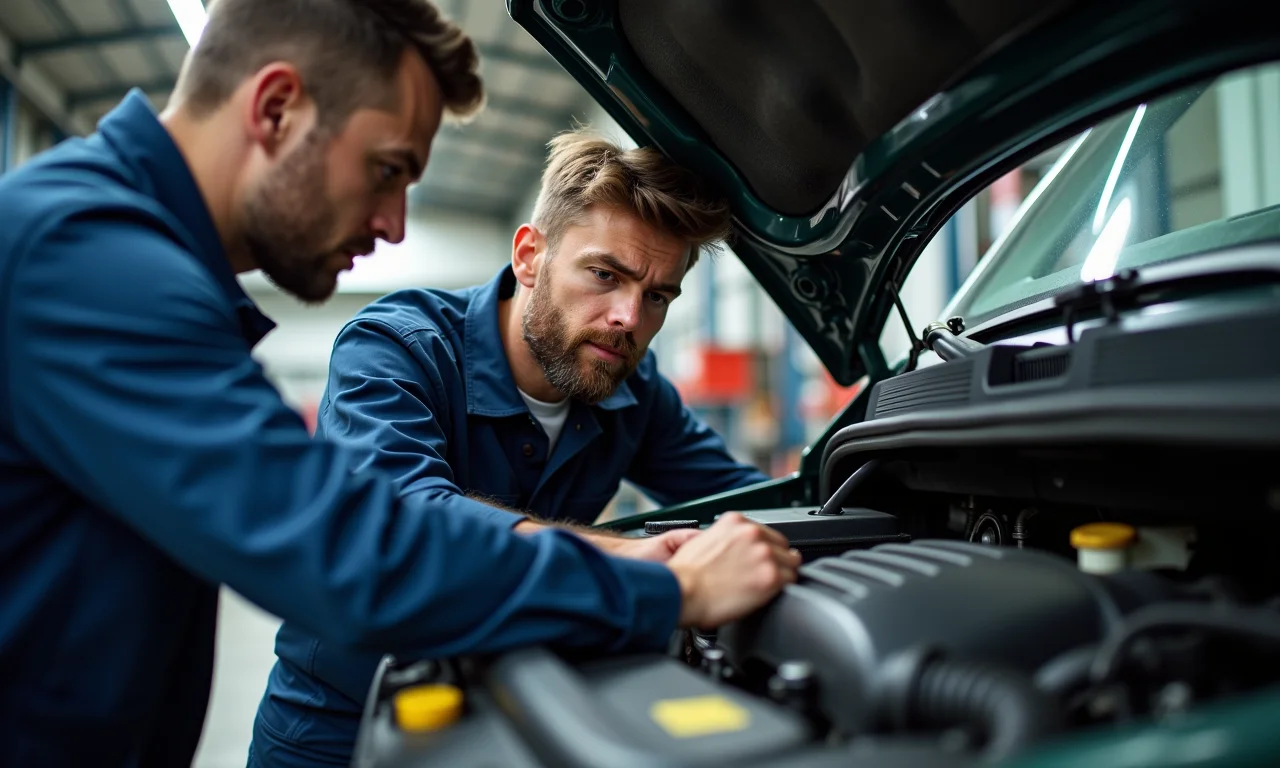 Mecânico inspecionando motor de veículo 4x4, ferramentas à mostra.