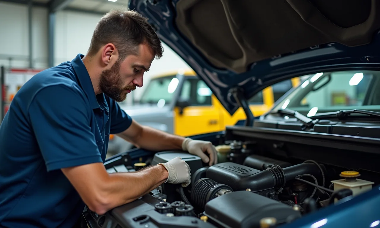 Mecânico inspecionando o motor de um 4x4 em oficina.