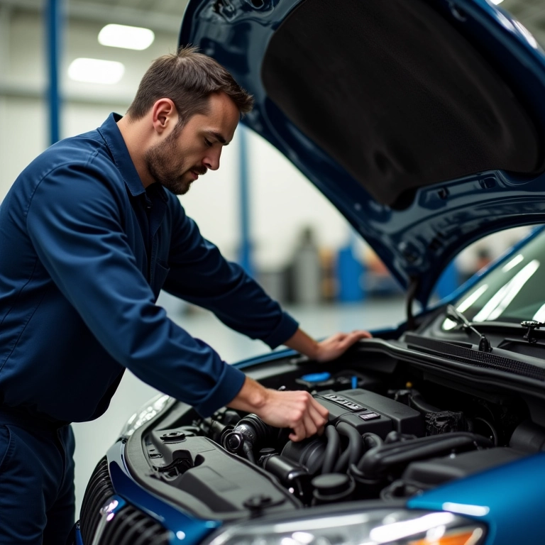 Mecânico inspecionando sistema de arrefecimento de carro em garagem.
