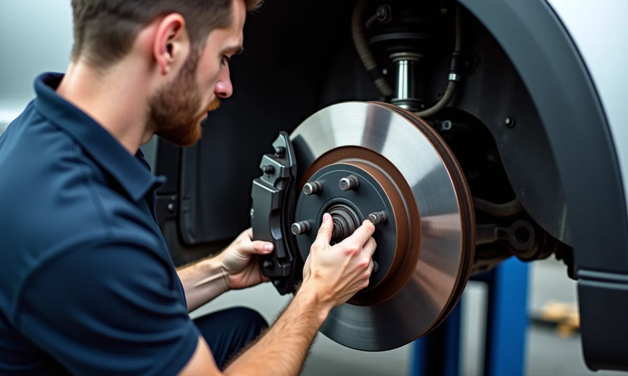 Mecânico inspecionando sistema de freios de um carro, com foco nos componentes originais para garantir a segurança.