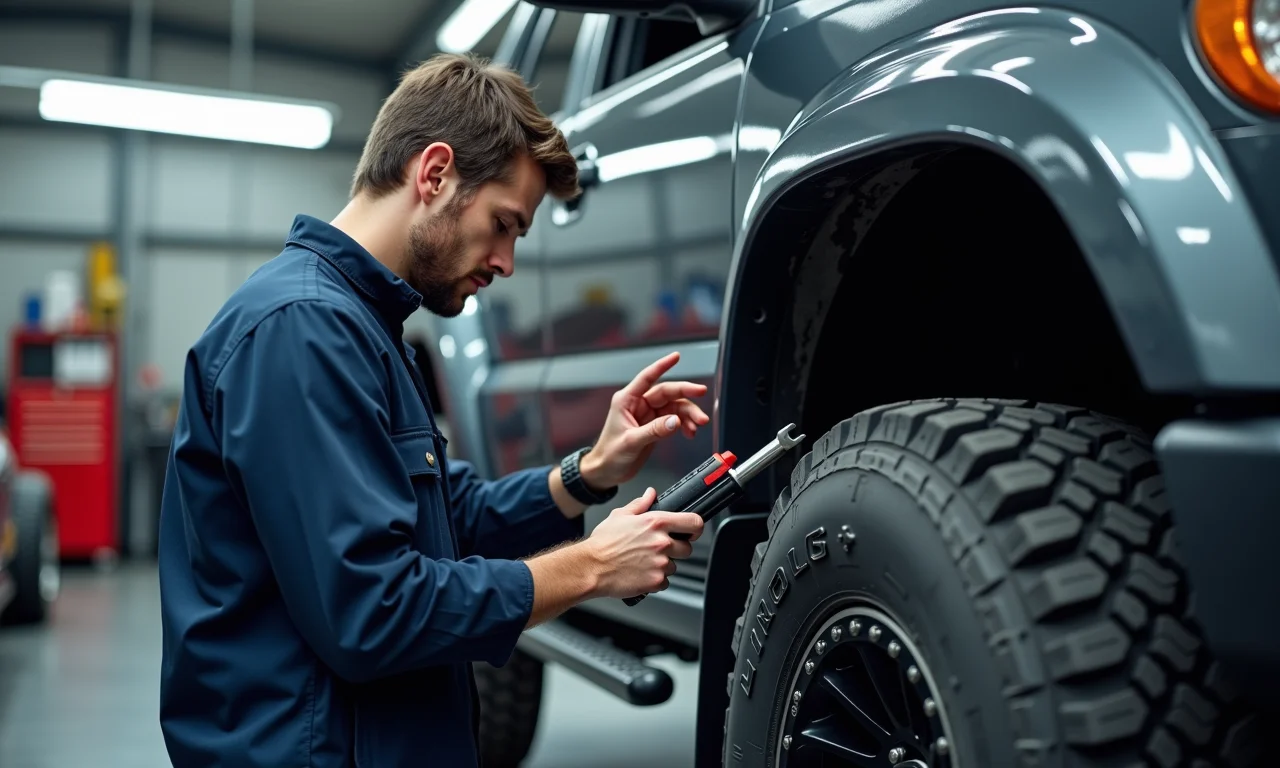 Mecânico revisando um veículo 4x4 antes de uma longa viagem.
