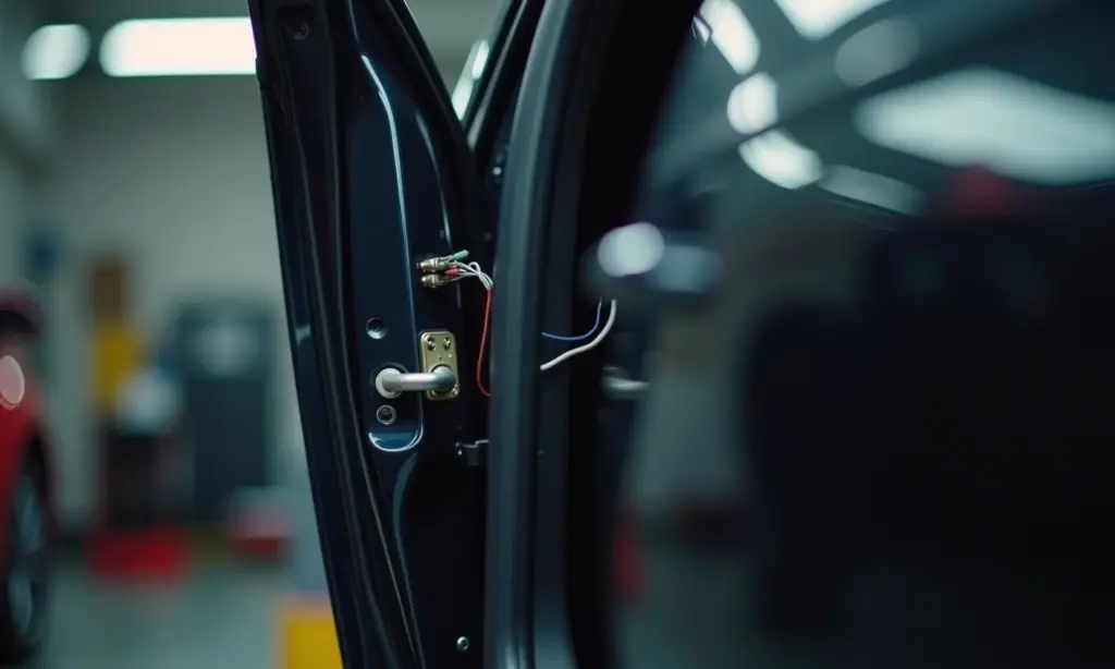 Mecânico trabalhando na trava elétrica de um carro em oficina.