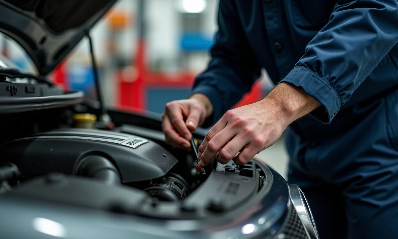 Mecânico trabalhando no motor de um carro, representando a mão de obra.